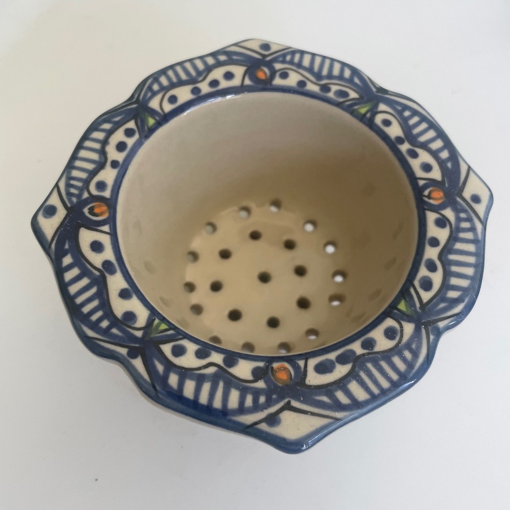 World Market Tunis White Blue Ceramic Tea Strainer Only Cup Shape Mandala Boho